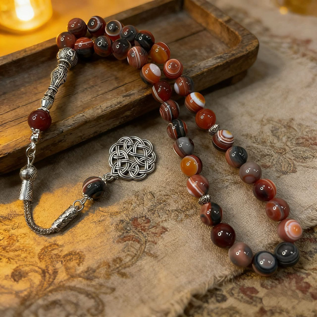 HilalHaven Artisan Agate Bead Strand — Silver Celtic Knot Pendant Mindfulness Prayer Set - image 5