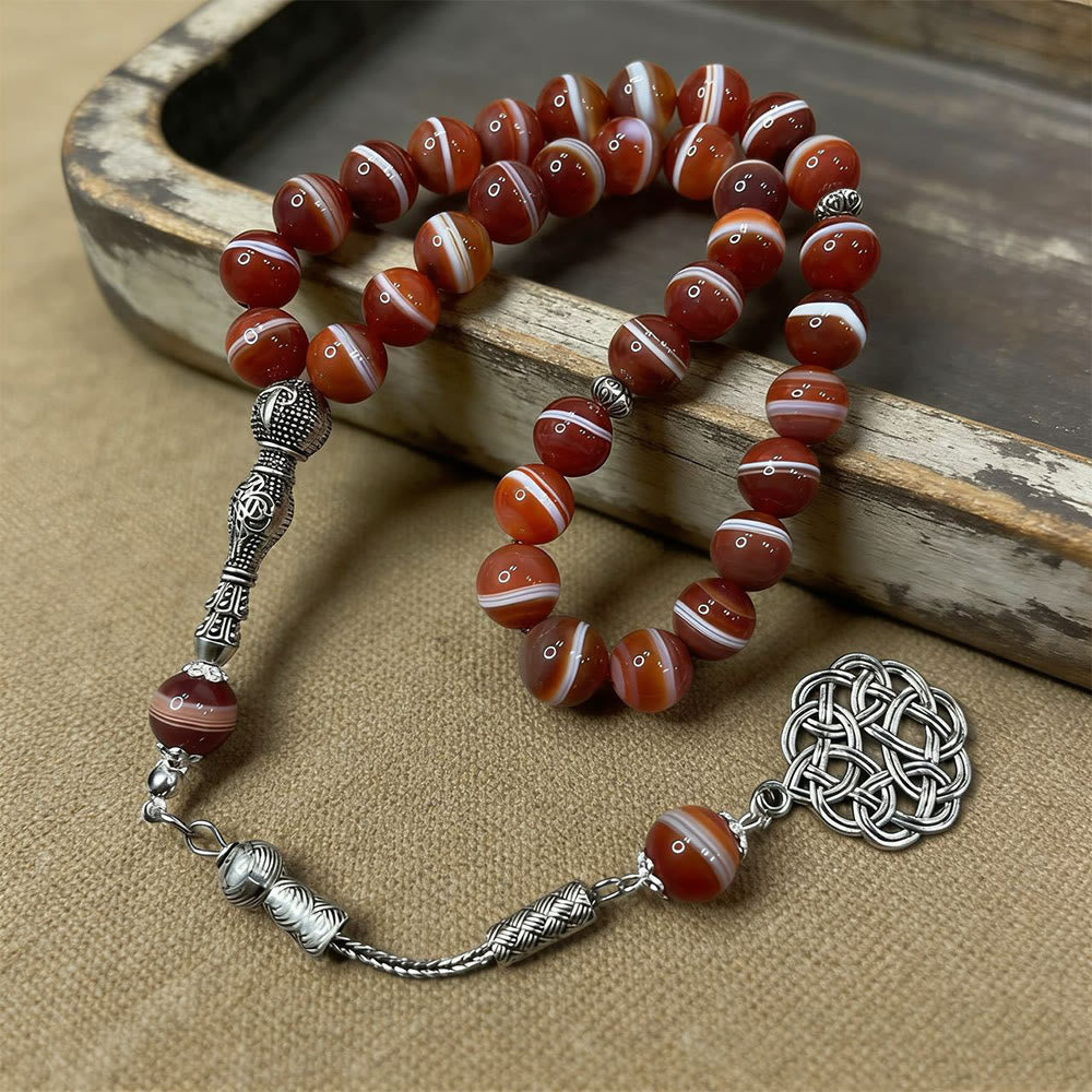 HilalHaven Natural Red Banded Agate Bead Strand — Handcrafted Polished Round Set with Pendant - image 4