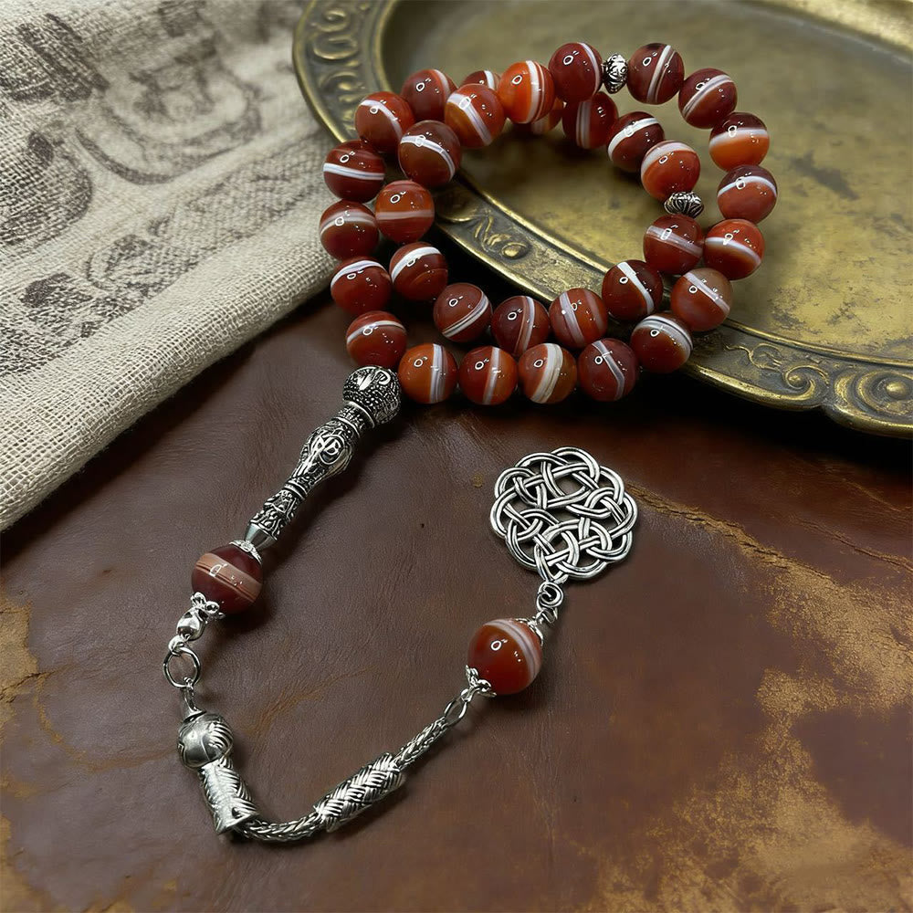 HilalHaven Natural Red Banded Agate Bead Strand — Handcrafted Polished Round Set with Pendant - Red Agate Tasbih - image 0