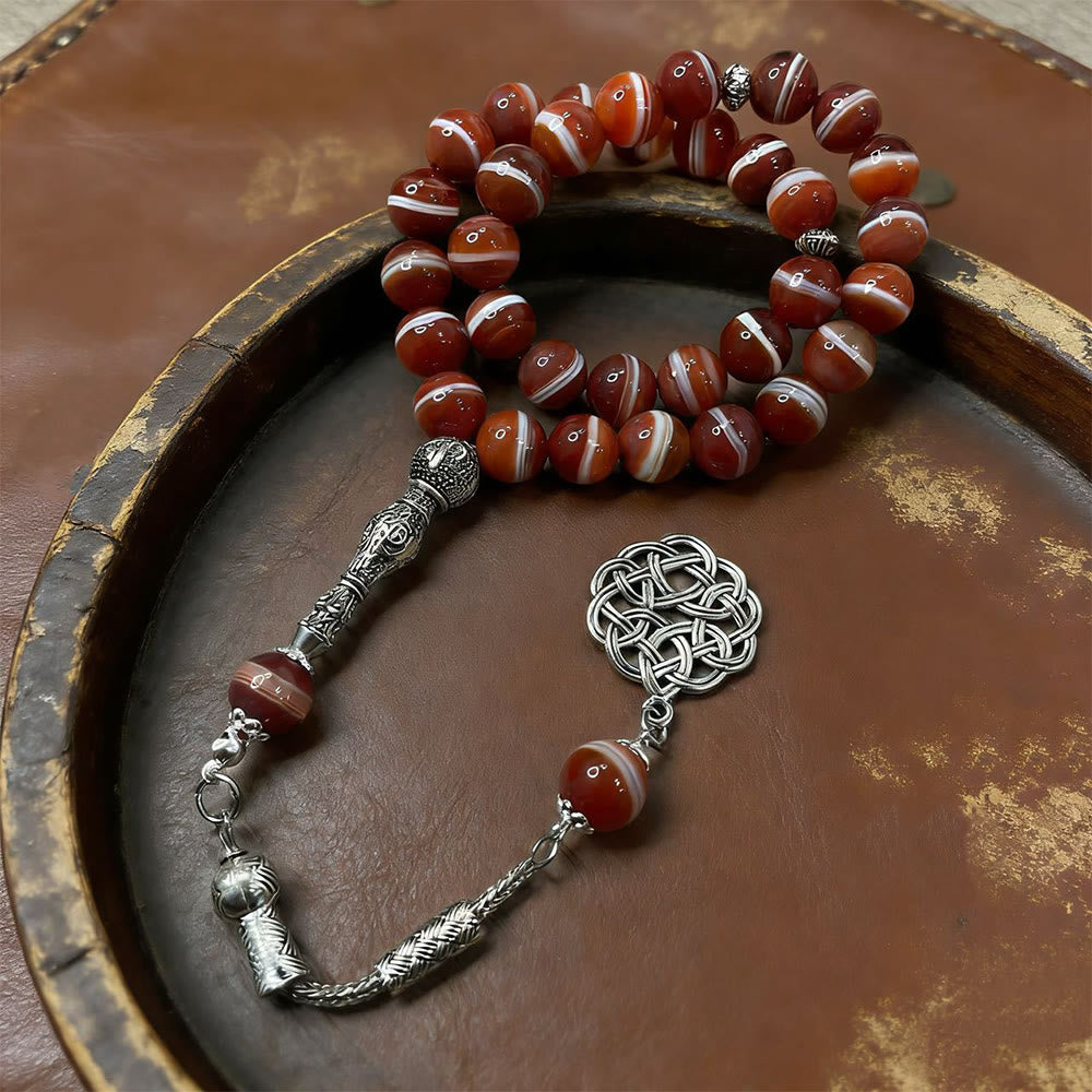 HilalHaven Natural Red Banded Agate Bead Strand — Handcrafted Polished Round Set with Pendant - image 3