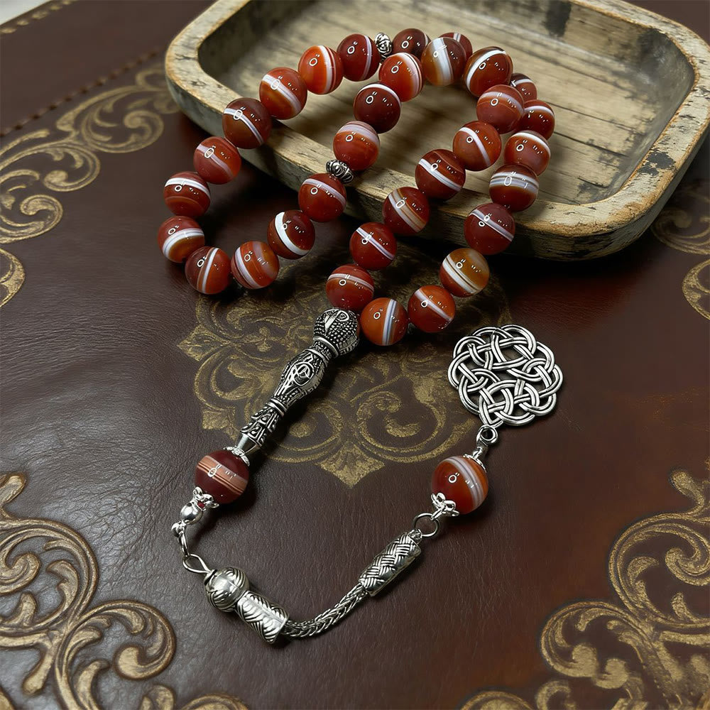 HilalHaven Natural Red Banded Agate Bead Strand — Handcrafted Polished Round Set with Pendant - image 1