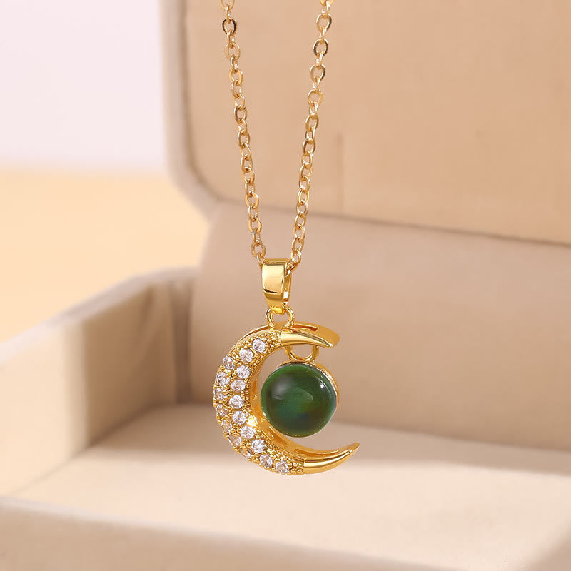 HilalHaven Gold-Plated Copper Moon Pendant Necklace — Zircon & Green Gemstone Statement Piece - Golden Crescent Moon With Geen Jwelry - image 0