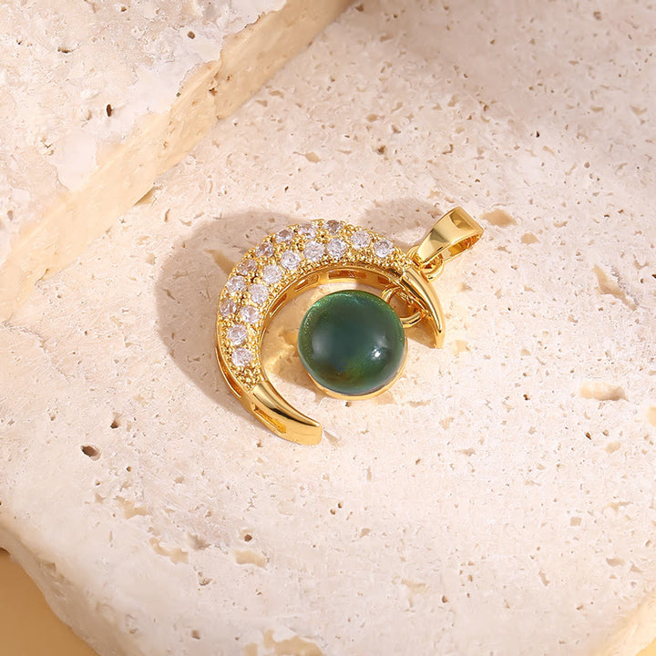 HilalHaven Gold-Plated Copper Moon Pendant Necklace — Zircon &amp; Green Gemstone Statement Piece - image 1