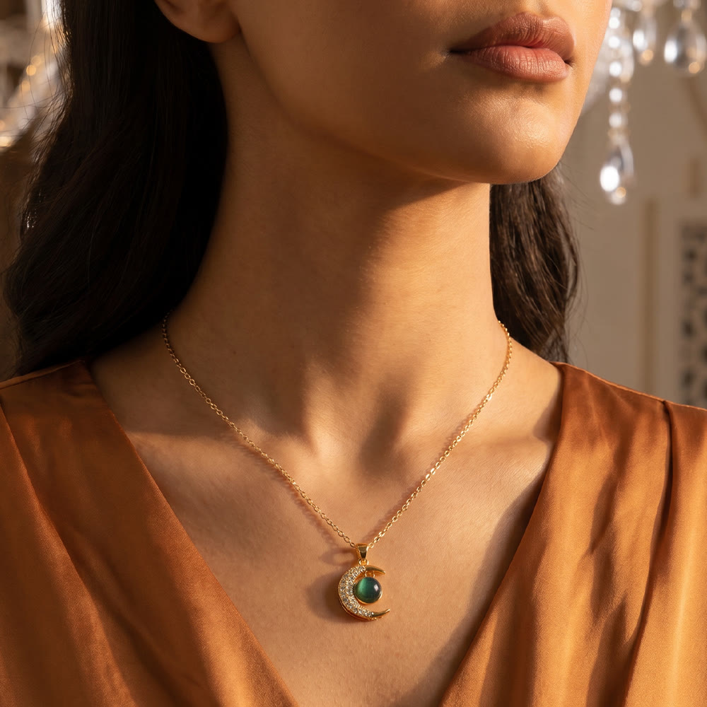 HilalHaven Gold-Plated Copper Moon Pendant Necklace — Zircon &amp; Green Gemstone Statement Piece - image 4