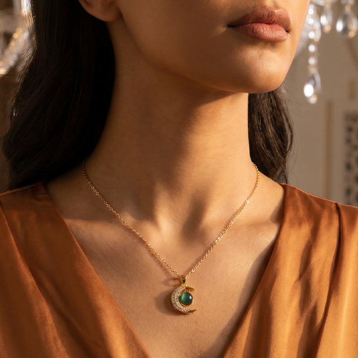 HilalHaven Gold-Plated Copper Moon Pendant Necklace — Zircon &amp; Green Gemstone Statement Piece - image 4