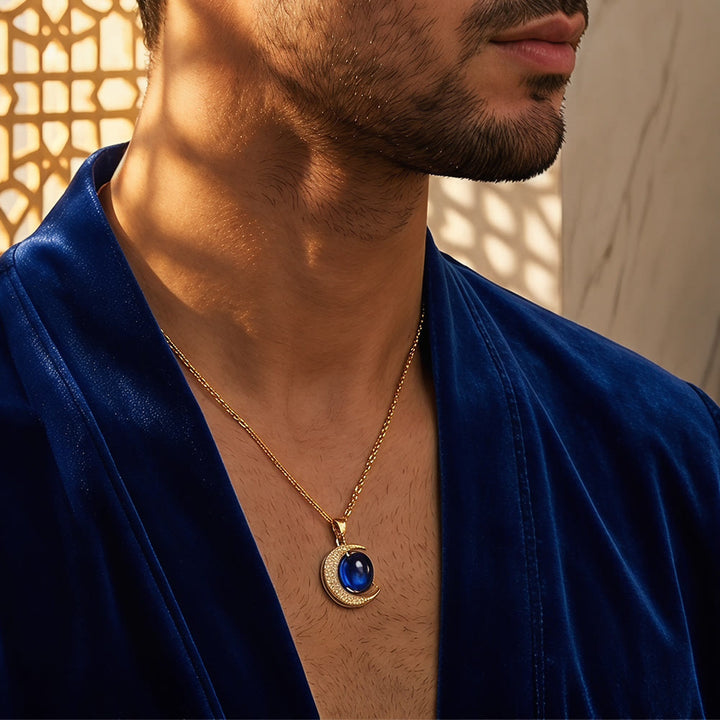 HilalHaven Gold-Plated Copper Moon Pendant Necklace — Zircon &amp; Green Gemstone Statement Piece - image 5