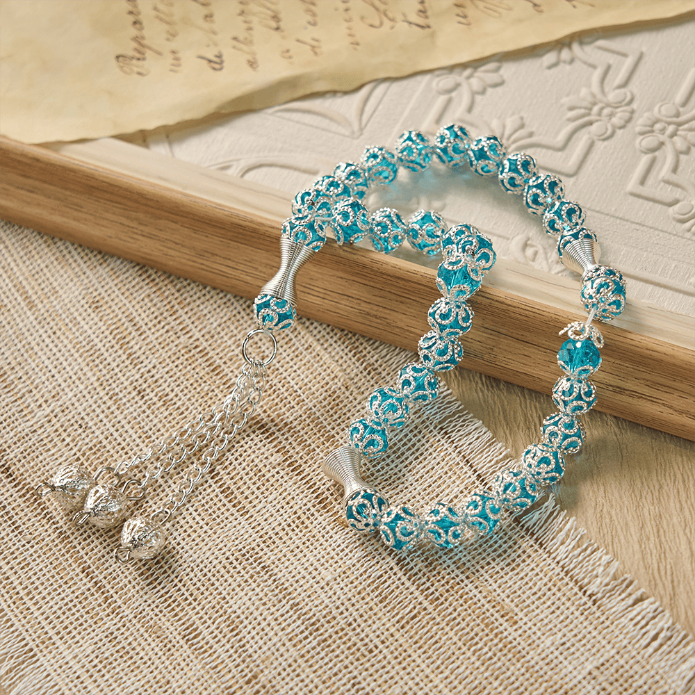 HilalHaven "Azure Lace" Ornate Bead Tasbih — Handcrafted 8mm Glass 33 Beads Tasbih - image 1
