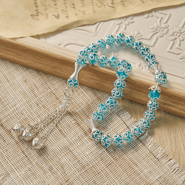 HilalHaven "Azure Lace" Ornate Bead Tasbih — Handcrafted 8mm Glass 33 Beads Tasbih - image 1