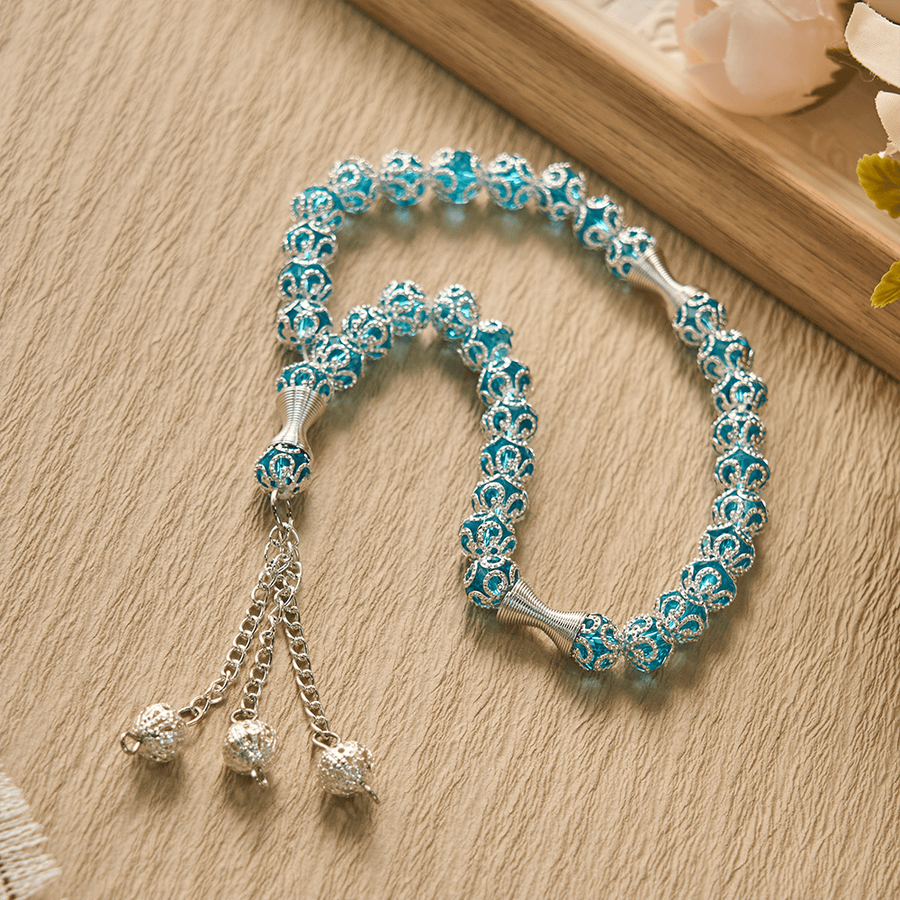 HilalHaven "Azure Lace" Ornate Bead Tasbih — Handcrafted 8mm Glass 33 Beads Tasbih - image 3