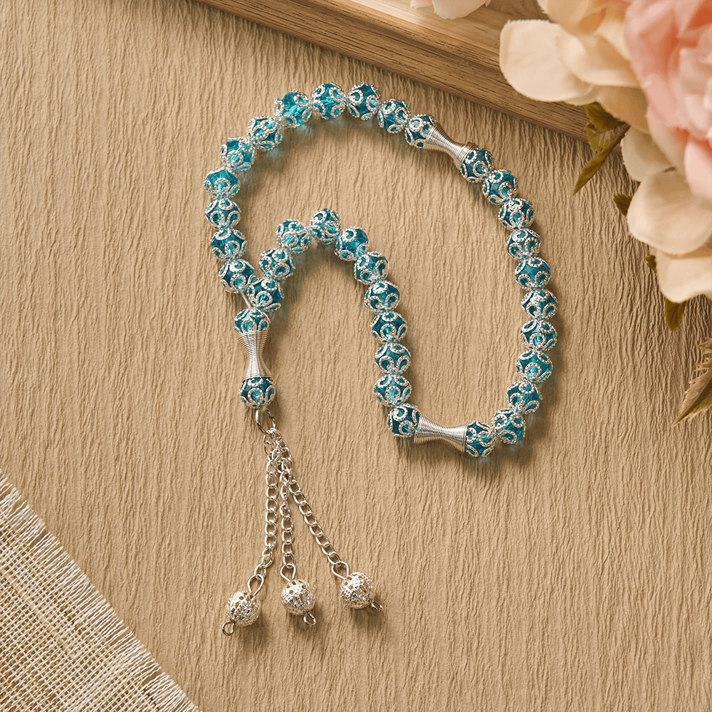 HilalHaven "Azure Lace" Ornate Bead Tasbih — Handcrafted 8mm Glass 33 Beads Tasbih - image 2