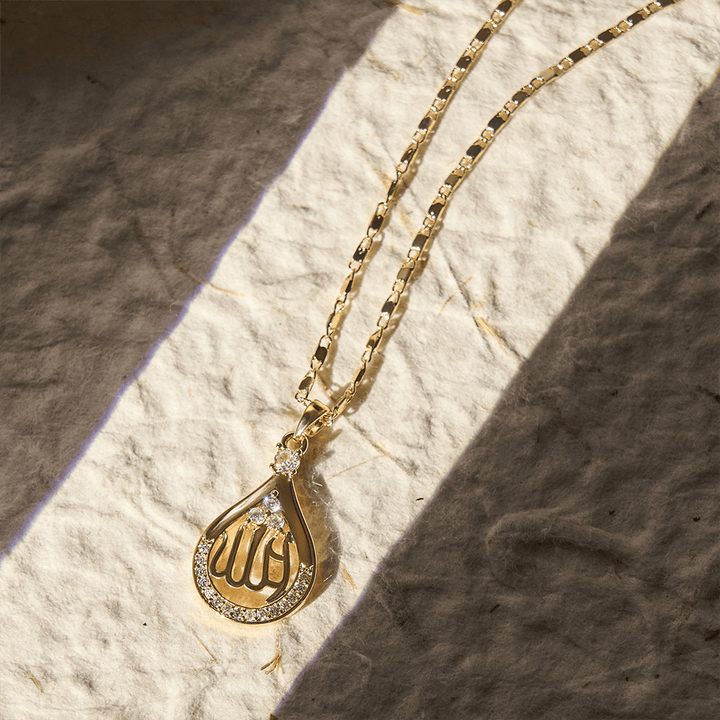 HilalHaven "Dew of Grace" Teardrop Calligraphy Necklace — Crystal Accent Pendant - image 1