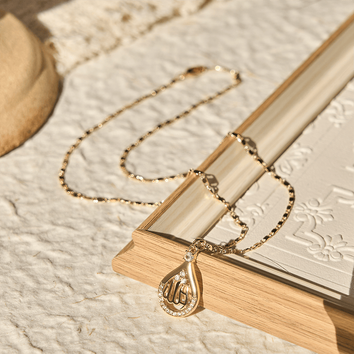 HilalHaven "Dew of Grace" Teardrop Calligraphy Necklace — Crystal Accent Pendant - image 2