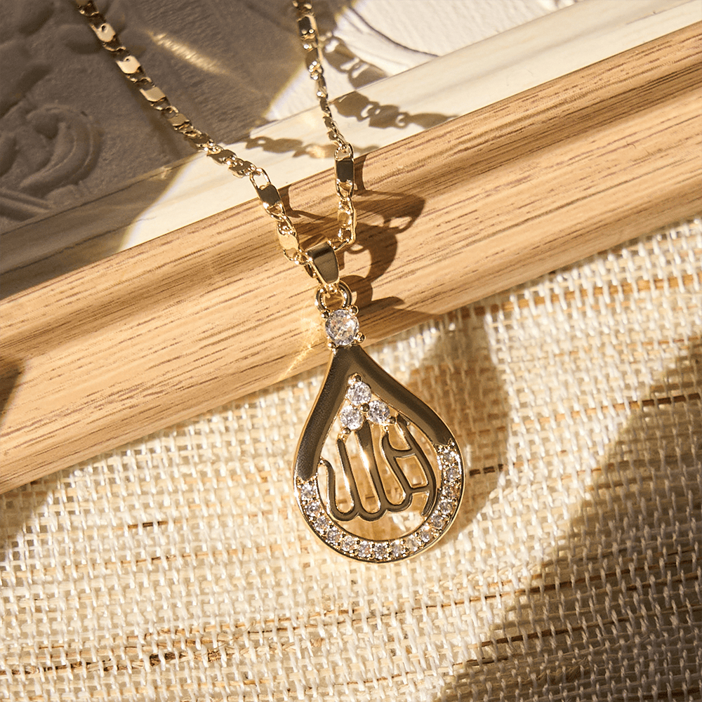 HilalHaven "Dew of Grace" Teardrop Calligraphy Necklace — Crystal Accent Pendant - Golden Teardrop - image 0
