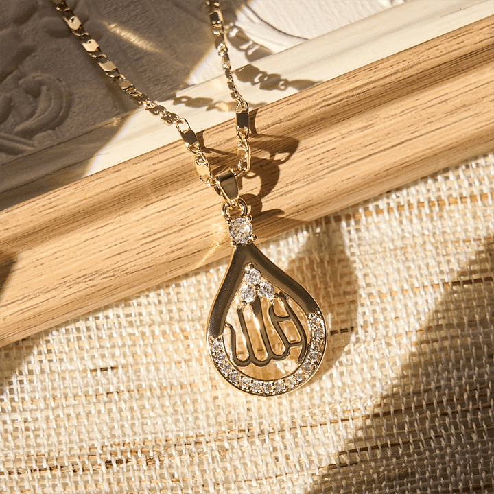HilalHaven "Dew of Grace" Teardrop Calligraphy Necklace — Crystal Accent Pendant - Golden Teardrop - image 0