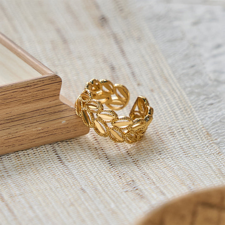 HilalHaven "Golden Harvest" Wheat Leaf Bracelet &amp; Ring Set — Polished Brass - Wheat Leaf Ring - image 9