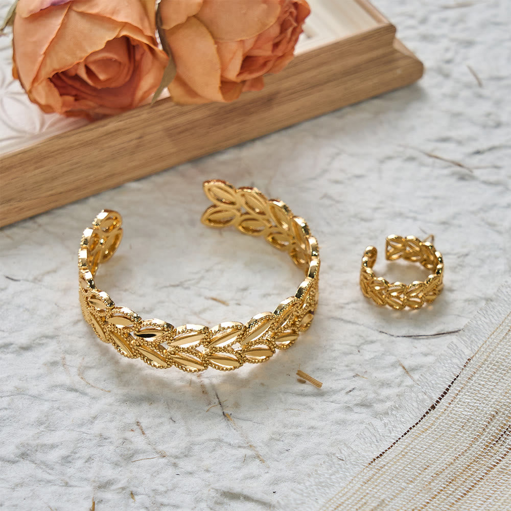 HilalHaven "Golden Harvest" Wheat Leaf Bracelet & Ring Set — Polished Brass - Wheat Leaf Bracelet & Ring Set - image 0
