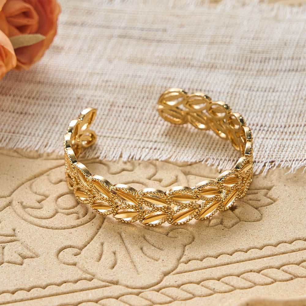 HilalHaven "Golden Harvest" Wheat Leaf Bracelet & Ring Set — Polished Brass - Wheat Leaf Bracelet - image 1