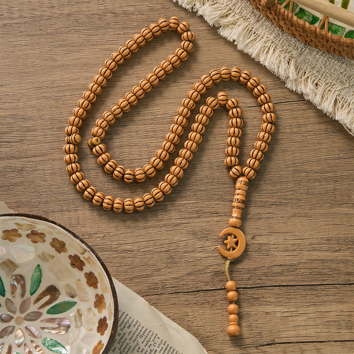 HilalHaven "Noor Crescent" Handcrafted Tasbih — Carved 33 Beads Tasbih - Warm Brown Peach Wood Tone - image 18