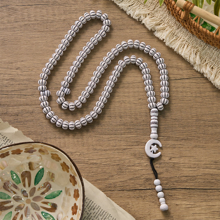 HilalHaven "Noor Crescent" Handcrafted Tasbih — Carved 33 Beads Tasbih - Light White Wood Tone - image 22
