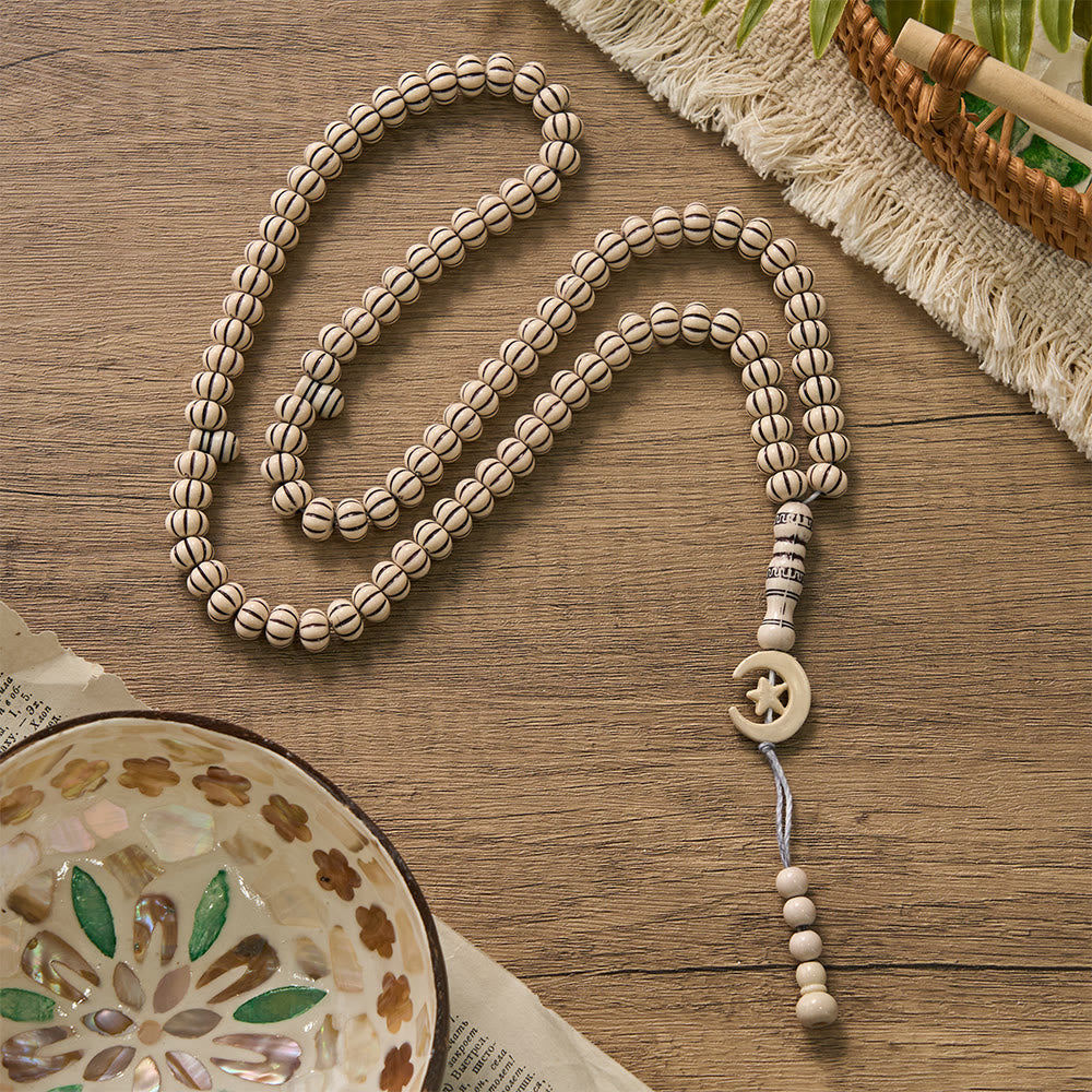 HilalHaven "Noor Crescent" Handcrafted Tasbih — Carved 33 Beads Tasbih - Cream White Wood Tone - image 14