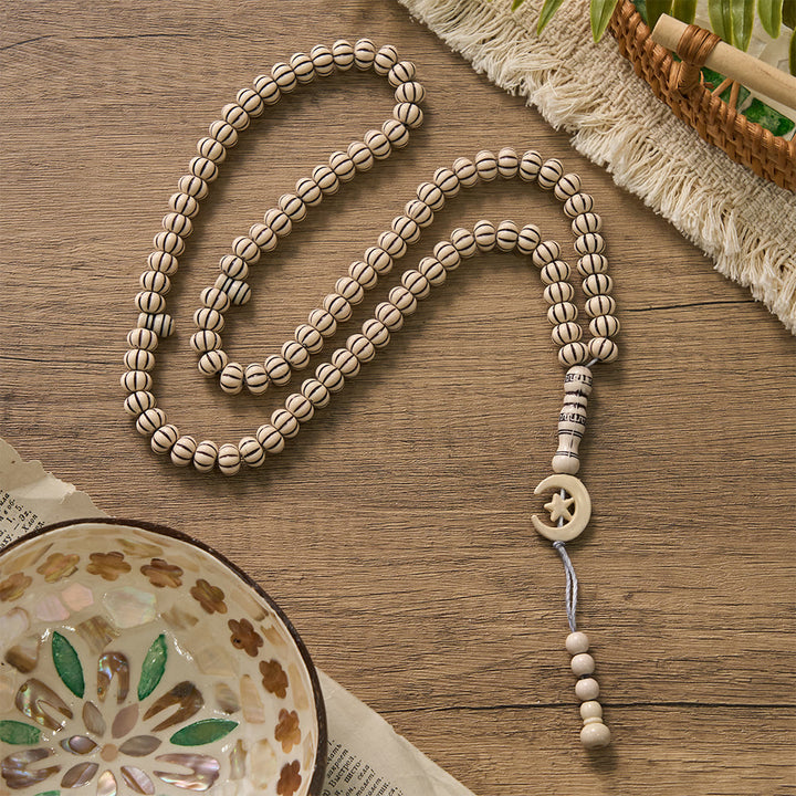 HilalHaven "Noor Crescent" Handcrafted Tasbih — Carved 33 Beads Tasbih - Cream White Wood Tone - image 14