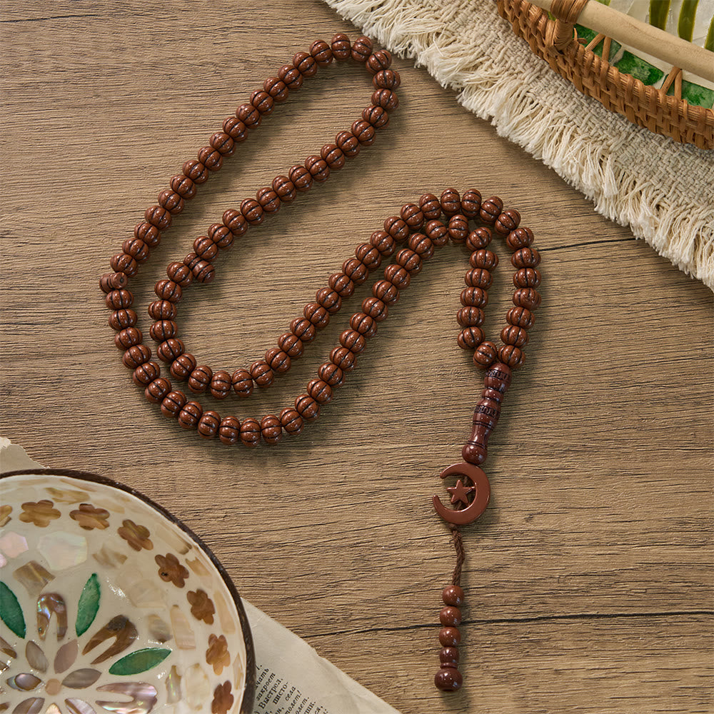 HilalHaven "Noor Crescent" Handcrafted Tasbih — Carved 33 Beads Tasbih - Dark Peach Wood Tone - image 2