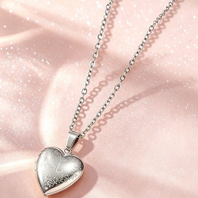 HilalHaven Heart of Quiet Devotion Engraved Locket Pendant Necklace — Polished Titanium Steel - Silver Heart - image 0