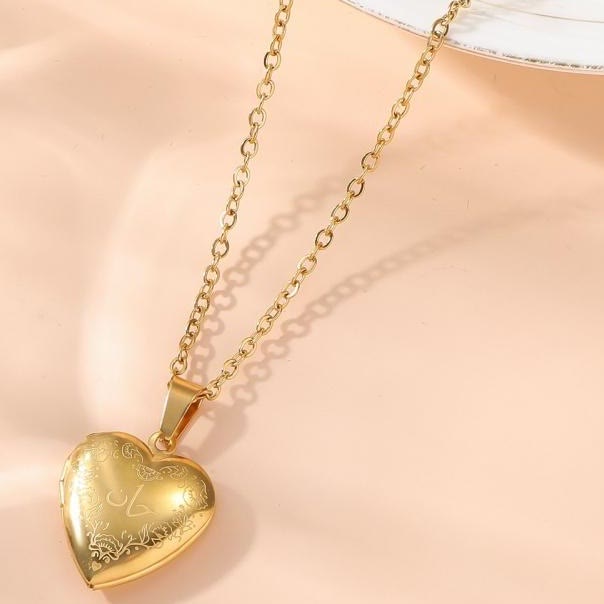 HilalHaven Heart of Quiet Devotion Engraved Locket Pendant Necklace — Polished Titanium Steel - Golden Heart - image 1