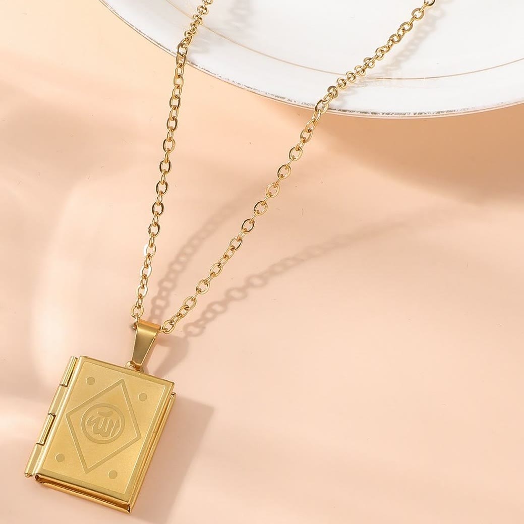 HilalHaven Pages of Remembrance Allah Engraved Locket Pendant Necklace — Polished Titanium Steel - Golden Book - image 1