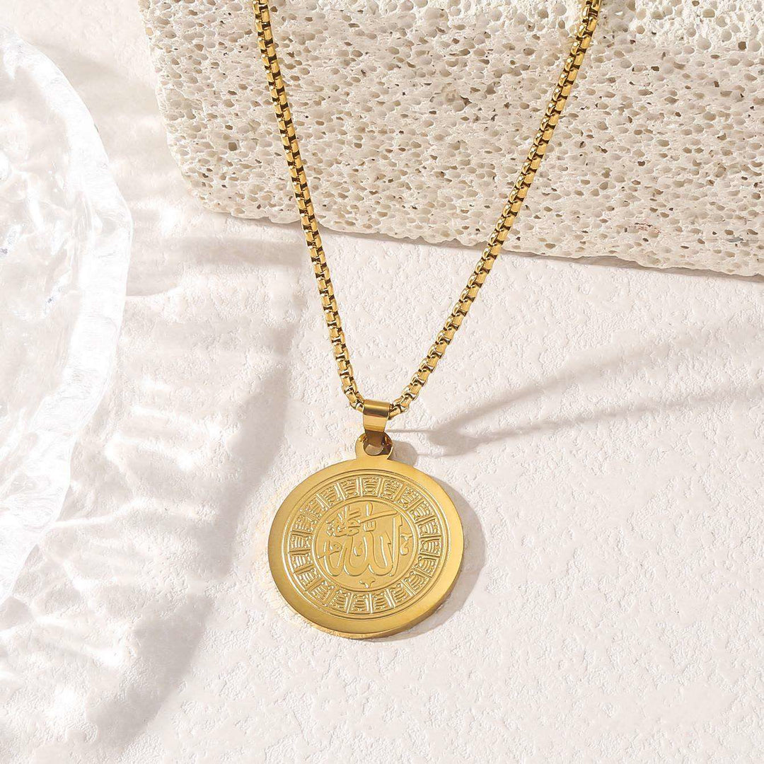 HilalHaven Ninety-Nine Virtues Allah Calligraphy Pendant Necklace — Polished Titanium Steel - Golden - image 1