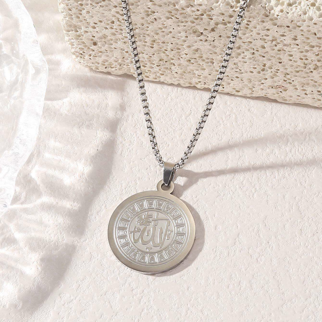 HilalHaven Ninety-Nine Virtues Allah Calligraphy Pendant Necklace — Polished Titanium Steel - Silver - image 0