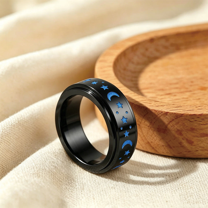 HilalHaven Twilight Luminescence Crescent &amp; Star Glowing Rotating Ring - Black - US12 - image 5