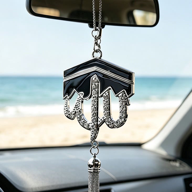 HilalHaven Kaaba Silhouette Allah Enamel Tassel Car Pendant - Silver - image 1