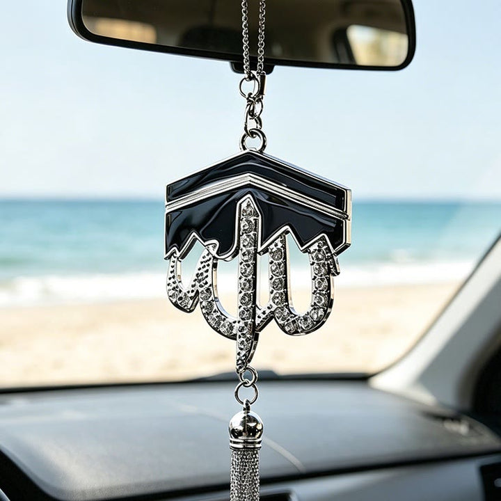 HilalHaven Kaaba Silhouette Allah Enamel Tassel Car Pendant - Silver - image 1