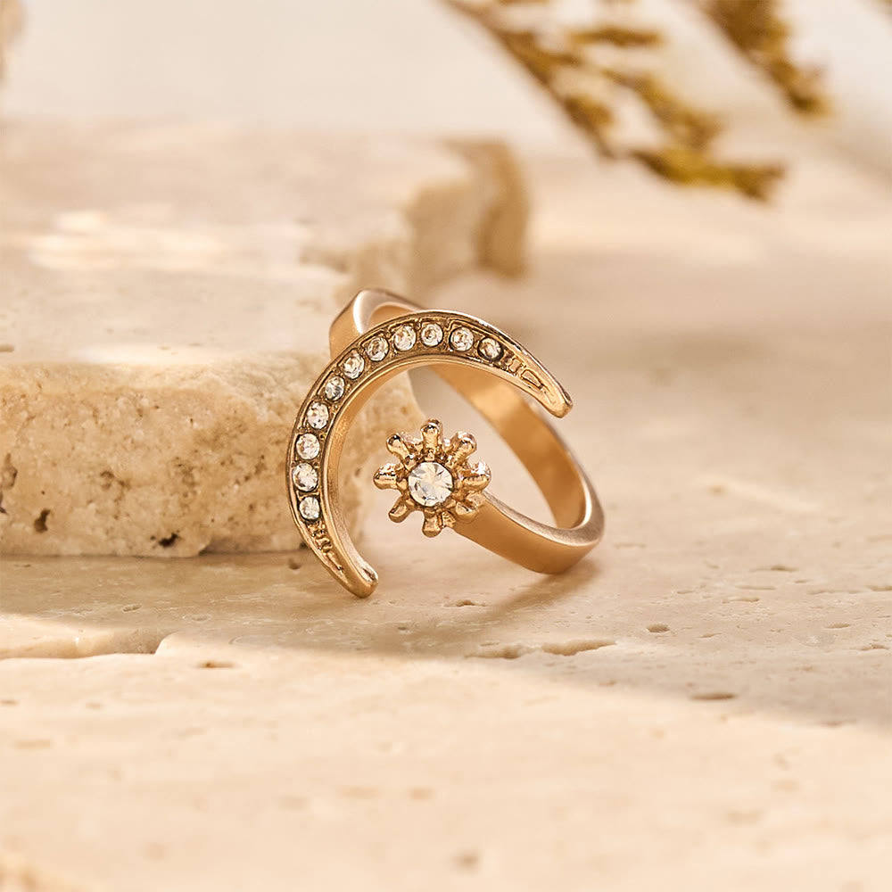 HilalHaven Celestial Duo Crescent & Star Crystal Statement Ring - Golden - image 1