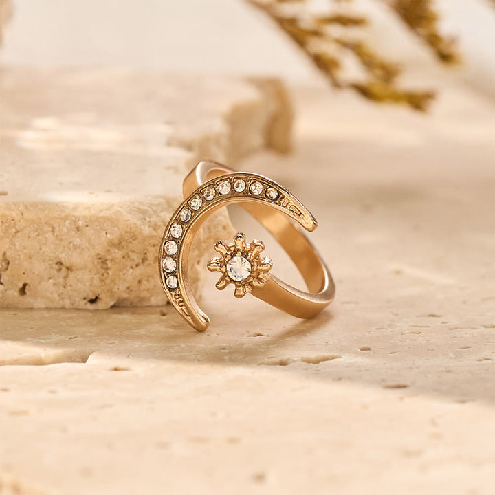 HilalHaven Celestial Duo Crescent &amp; Star Crystal Statement Ring - Golden - image 1