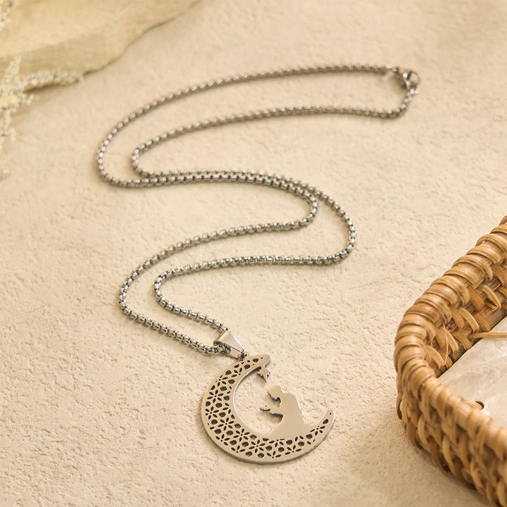 HilalHaven Lunar Devotion Openwork Crescent Necklace  - Silver - image 2