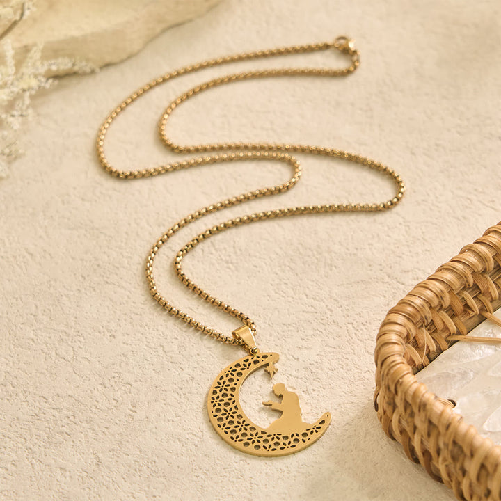 HilalHaven Lunar Devotion Openwork Crescent Necklace  - Golden - image 4