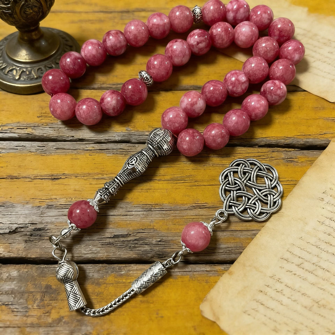 HilalHaven "Rose Knot Tasbih" Natural Stone 33 Beads Tasbih  - Peach Blossom - image 3