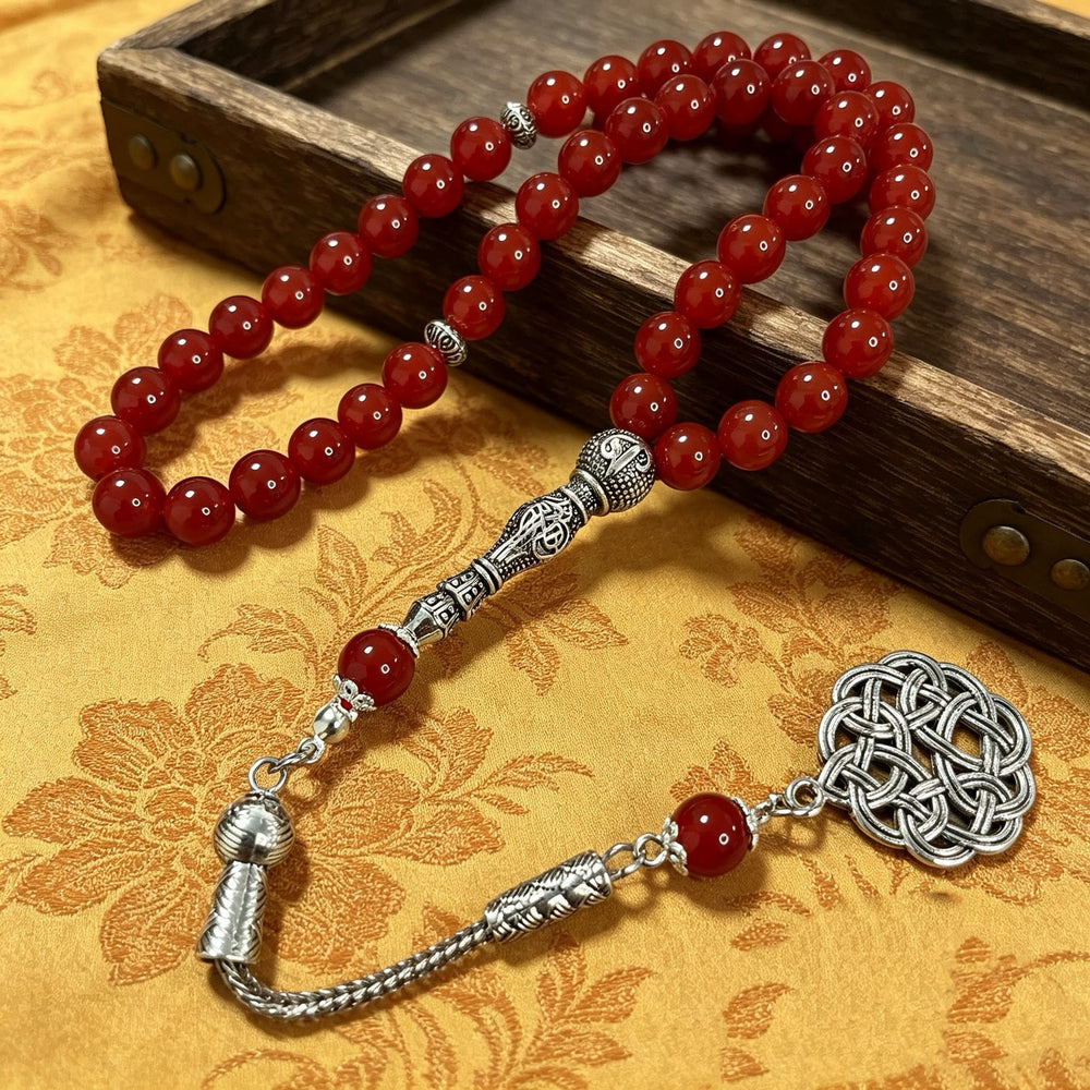 HilalHaven Vernal Flame Natural Red Agate 33 Beads Tasbih — Artisan Metal Details - image 1