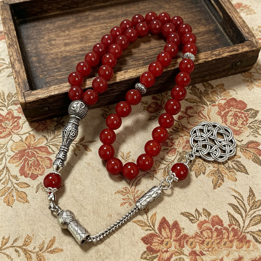 HilalHaven Vernal Flame Natural Red Agate 33 Beads Tasbih — Artisan Metal Details - Red Agate - image 0