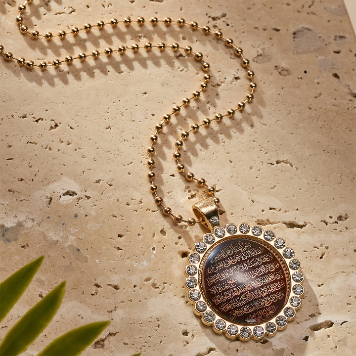 HilalHaven Gilded Circle Grace Rhinestone Border Ayatul Kursi Charm —— Gold Plated Alloy Necklace &amp; Keychain - Necklace - image 0