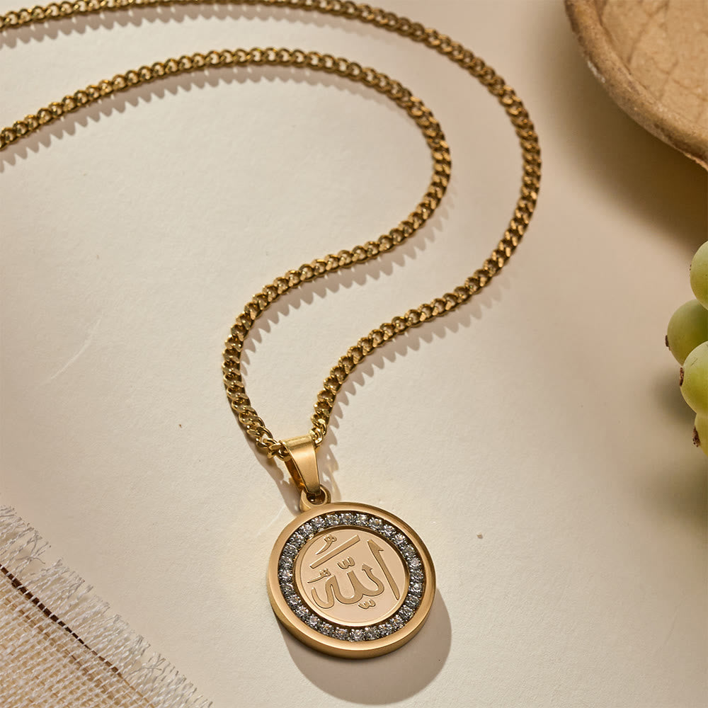 HilalHaven Blessed Orb Round Medallion Pendant  — Sparkling Crystal Frame Premium Polished Stainless Steel Carved Pendant - Golden - image 1