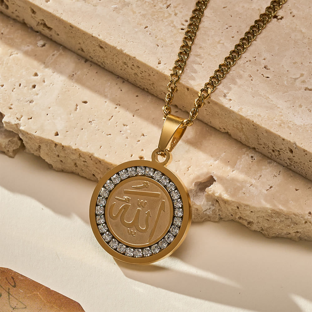 HilalHaven Blessed Orb Round Medallion Pendant  — Sparkling Crystal Frame Premium Polished Stainless Steel Carved Pendant - image 3