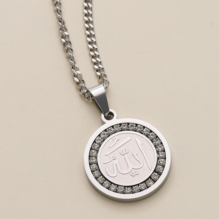 HilalHaven Blessed Orb Round Medallion Pendant  — Sparkling Crystal Frame Premium Polished Stainless Steel Carved Pendant - image 8