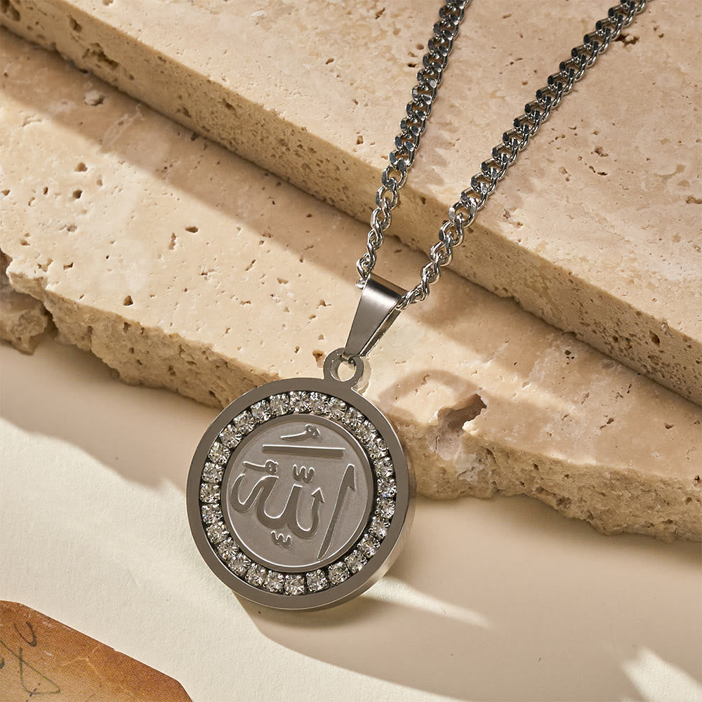HilalHaven Blessed Orb Round Medallion Pendant  — Sparkling Crystal Frame Premium Polished Stainless Steel Carved Pendant - image 7