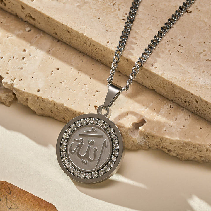 HilalHaven Blessed Orb Round Medallion Pendant  — Sparkling Crystal Frame Premium Polished Stainless Steel Carved Pendant - image 7