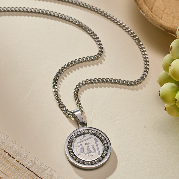 HilalHaven Blessed Orb Round Medallion Pendant  — Sparkling Crystal Frame Premium Polished Stainless Steel Carved Pendant - Silver - image 5