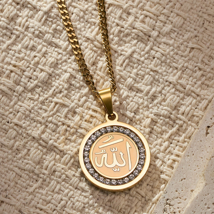 HilalHaven Blessed Orb Round Medallion Pendant  — Sparkling Crystal Frame Premium Polished Stainless Steel Carved Pendant - image 2