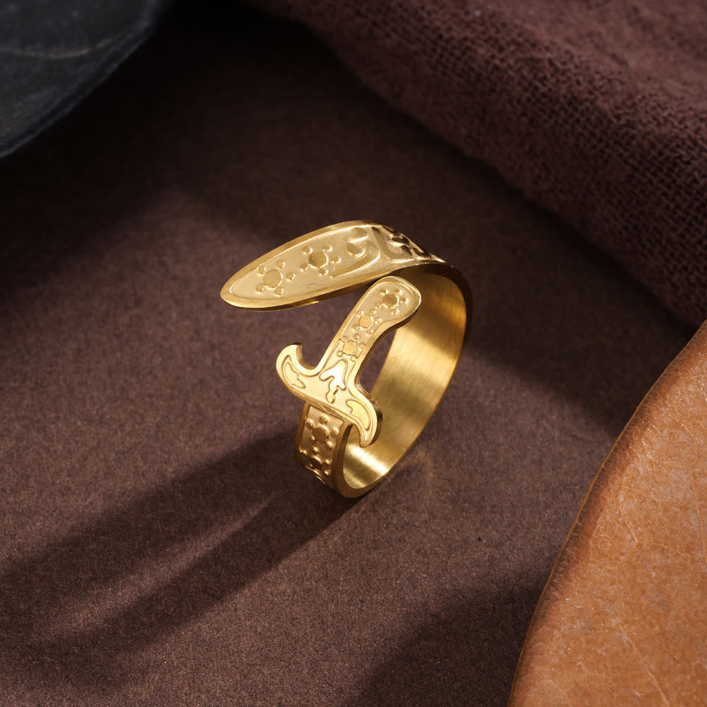 HilalHaven Vine Guard Zulfiqar Sword Asymmetrical Carved Blade Open Ring — Embossed Floral Pattern Polished Stainless Steel Daily Wear Ring - Golden - image 1